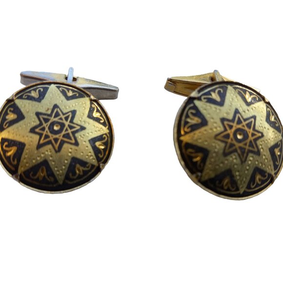 Spanish Damascene Octagram Cufflinks ~ Black & Gold - Picture 1 of 14